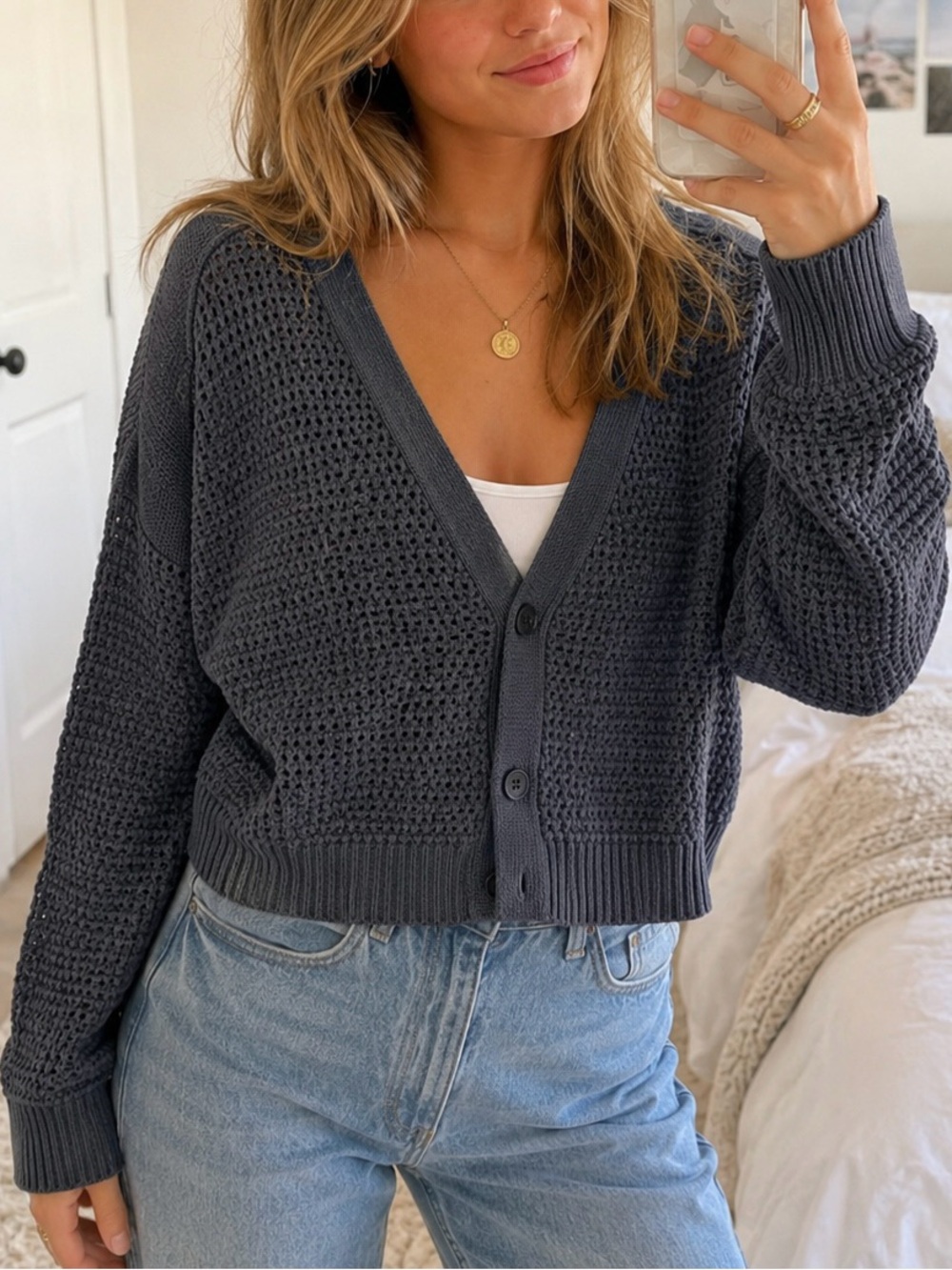 Elizabeth and James Medium Gray Blue Open Knit Button Front Cardigan Sweater
